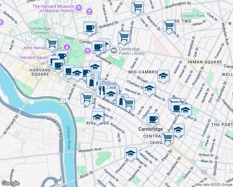 map of restaurants, bars, coffee shops, grocery stores, and more near 11H Dana Place in Cambridge