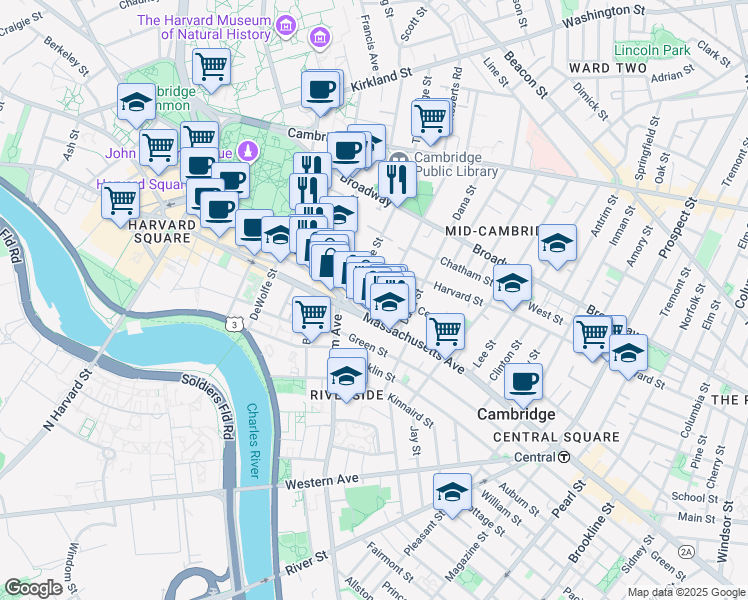 map of restaurants, bars, coffee shops, grocery stores, and more near 12 Trowbridge Street in Cambridge