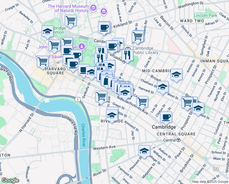map of restaurants, bars, coffee shops, grocery stores, and more near 12 Trowbridge Street in Cambridge