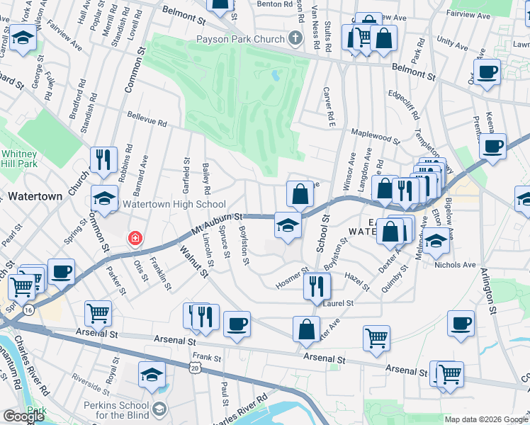 map of restaurants, bars, coffee shops, grocery stores, and more near 11 Oakley Road in Watertown