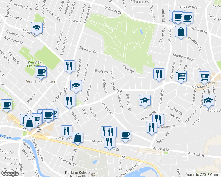 map of restaurants, bars, coffee shops, grocery stores, and more near 31 Garfield Street in Watertown