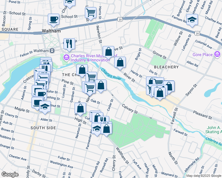 map of restaurants, bars, coffee shops, grocery stores, and more near 44 Calvary Street in Waltham