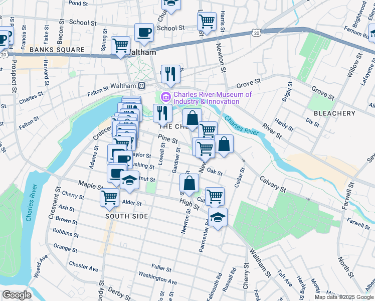 map of restaurants, bars, coffee shops, grocery stores, and more near 103 Pine Street in Waltham