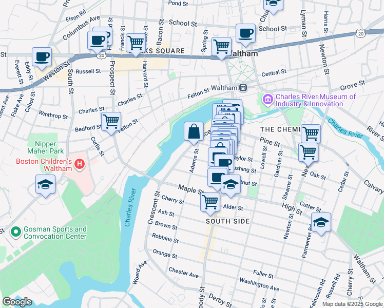 map of restaurants, bars, coffee shops, grocery stores, and more near 1 Spruce Street in Waltham