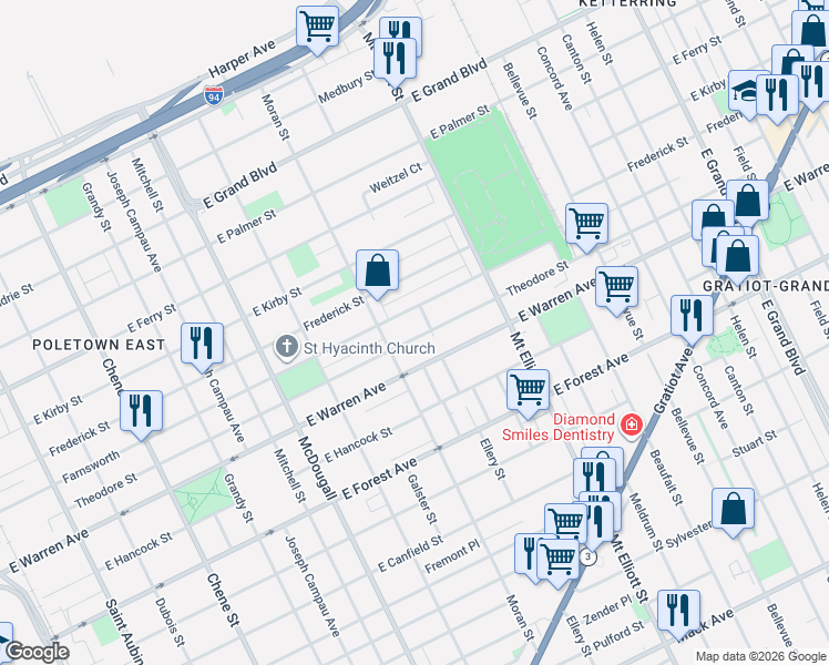 map of restaurants, bars, coffee shops, grocery stores, and more near 3579 Theodore Street in Detroit