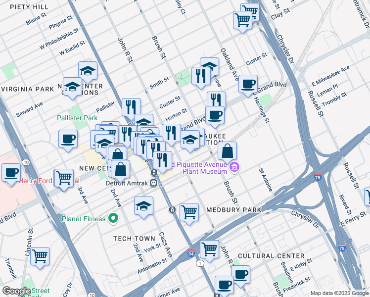 map of restaurants, bars, coffee shops, grocery stores, and more near 117 East Milwaukee Street in Detroit
