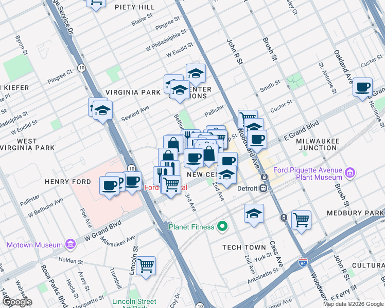 map of restaurants, bars, coffee shops, grocery stores, and more near 675 West Bethune Street in Detroit
