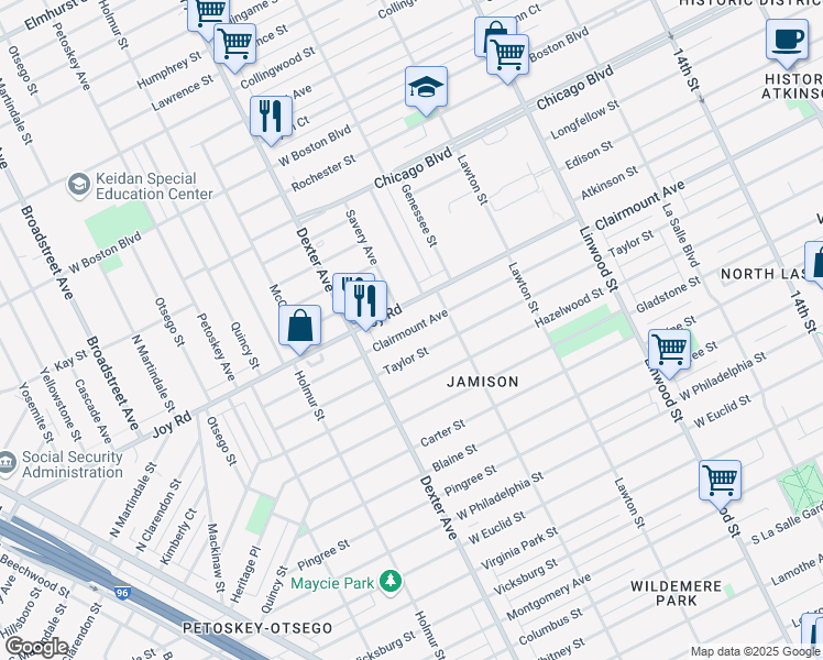 map of restaurants, bars, coffee shops, grocery stores, and more near 3260 Clairmount Avenue in Detroit