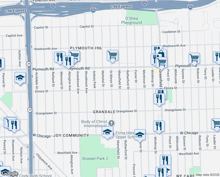 map of restaurants, bars, coffee shops, grocery stores, and more near 11327 Saint Marys Street in Detroit