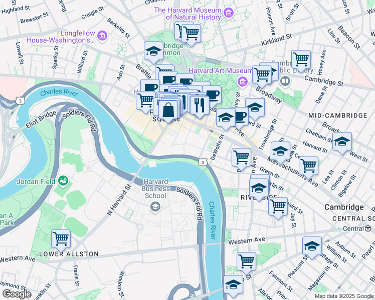 map of restaurants, bars, coffee shops, grocery stores, and more near 32 Mill Street in Cambridge