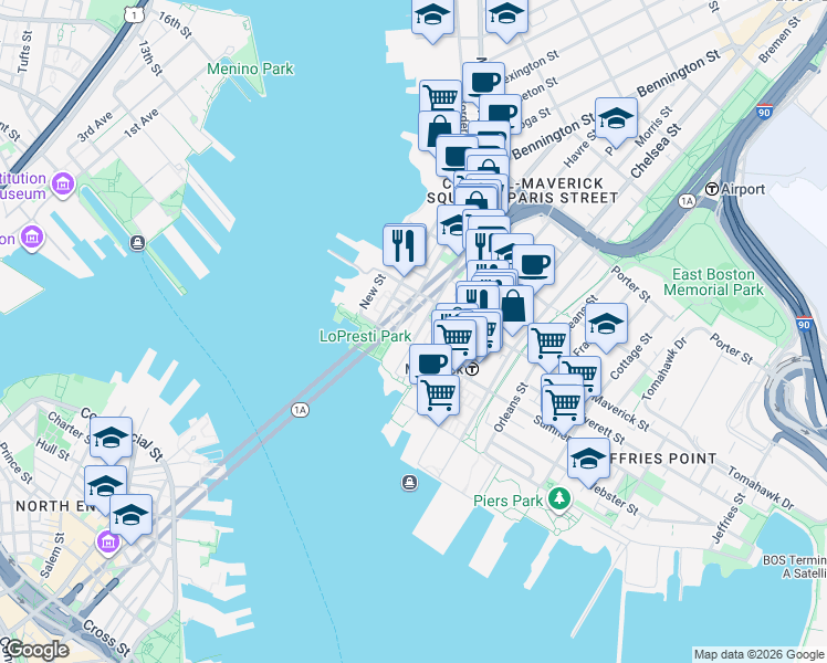 map of restaurants, bars, coffee shops, grocery stores, and more near 4 London Street in Boston