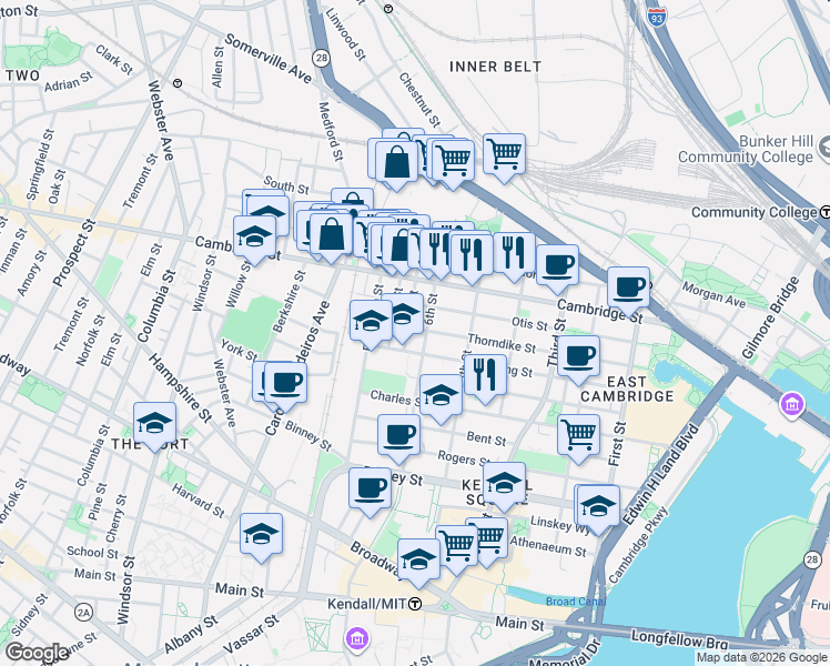 map of restaurants, bars, coffee shops, grocery stores, and more near 48 6th Street in Cambridge