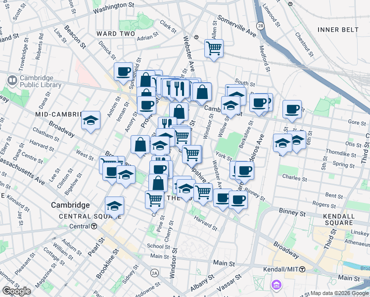 map of restaurants, bars, coffee shops, grocery stores, and more near 310 Columbia Street in Cambridge