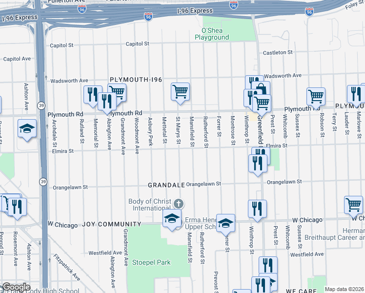 map of restaurants, bars, coffee shops, grocery stores, and more near 11327 Saint Marys Street in Detroit