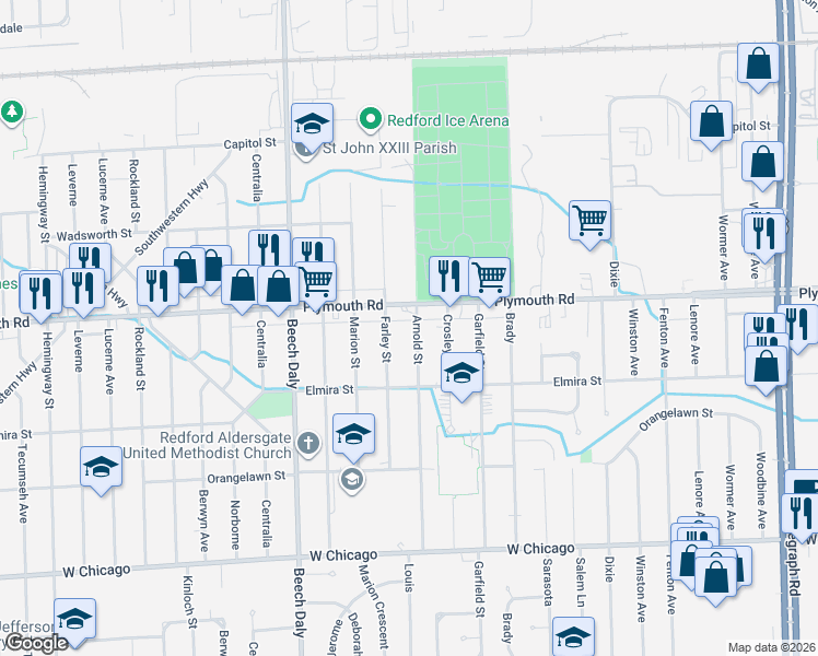 map of restaurants, bars, coffee shops, grocery stores, and more near 25429 Plymouth Road in Redford Charter Township