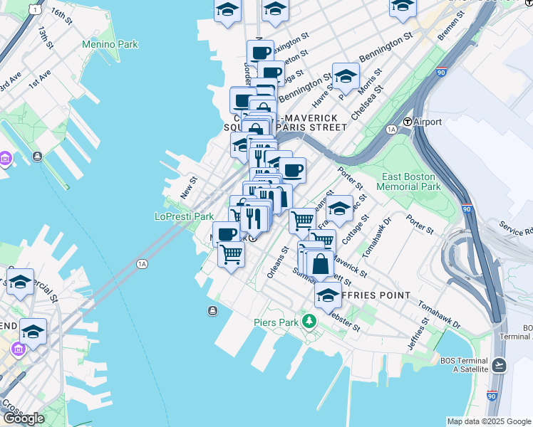 map of restaurants, bars, coffee shops, grocery stores, and more near 6 Chelsea Street in Boston