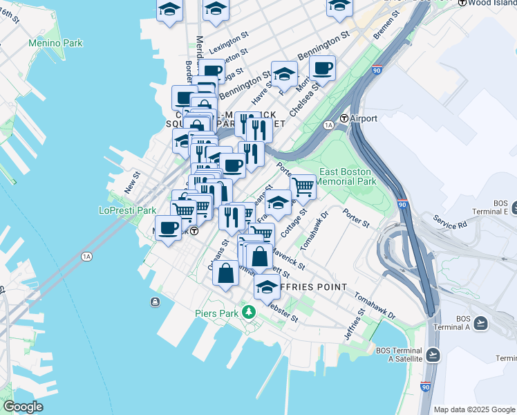 map of restaurants, bars, coffee shops, grocery stores, and more near 150 Orleans Street in Boston