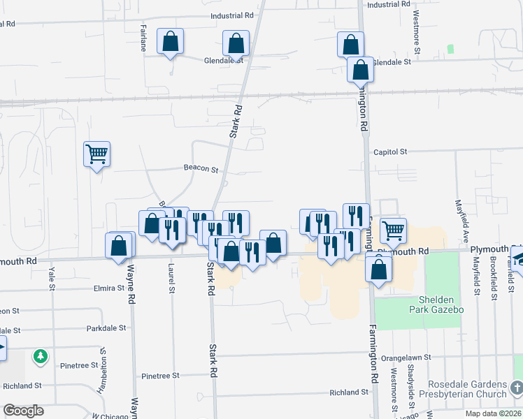 map of restaurants, bars, coffee shops, grocery stores, and more near 33985 Wadsworth Street in Livonia