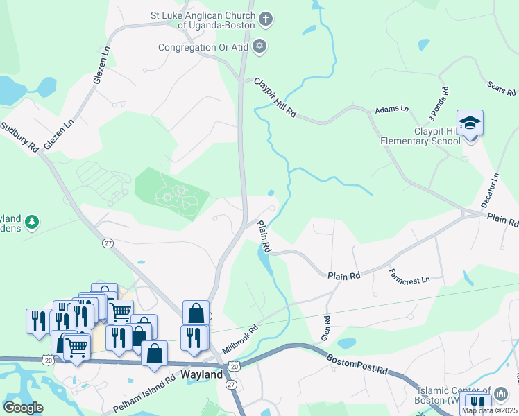 map of restaurants, bars, coffee shops, grocery stores, and more near 3 Plain Road in Wayland