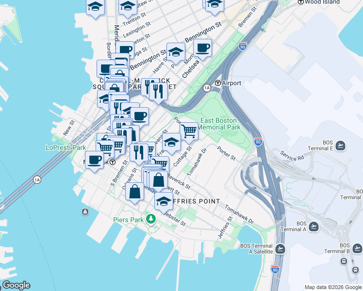 map of restaurants, bars, coffee shops, grocery stores, and more near 65 Frankfort Street in Boston