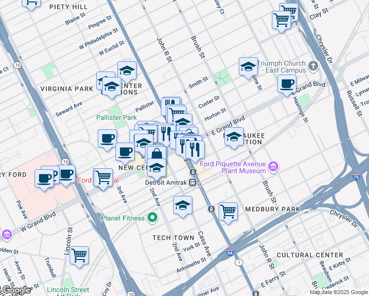 map of restaurants, bars, coffee shops, grocery stores, and more near in Detroit