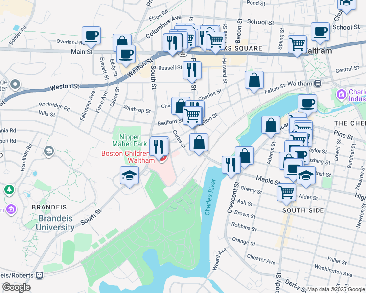 map of restaurants, bars, coffee shops, grocery stores, and more near 137 Prospect Street in Waltham