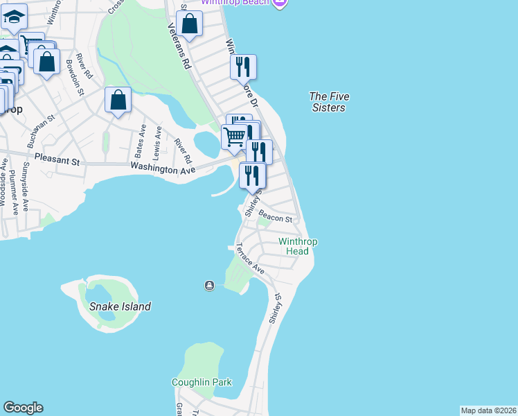 map of restaurants, bars, coffee shops, grocery stores, and more near 4 Charles Street in Winthrop