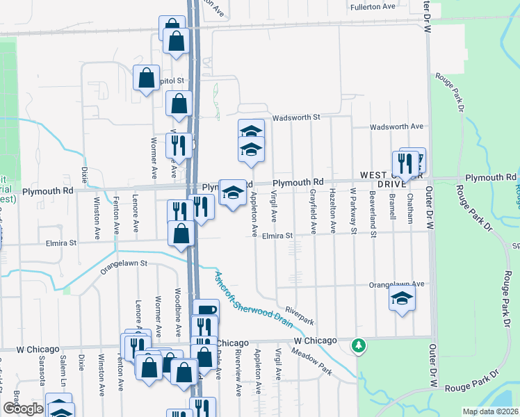 map of restaurants, bars, coffee shops, grocery stores, and more near 11407 Virgil in Redford Charter Township
