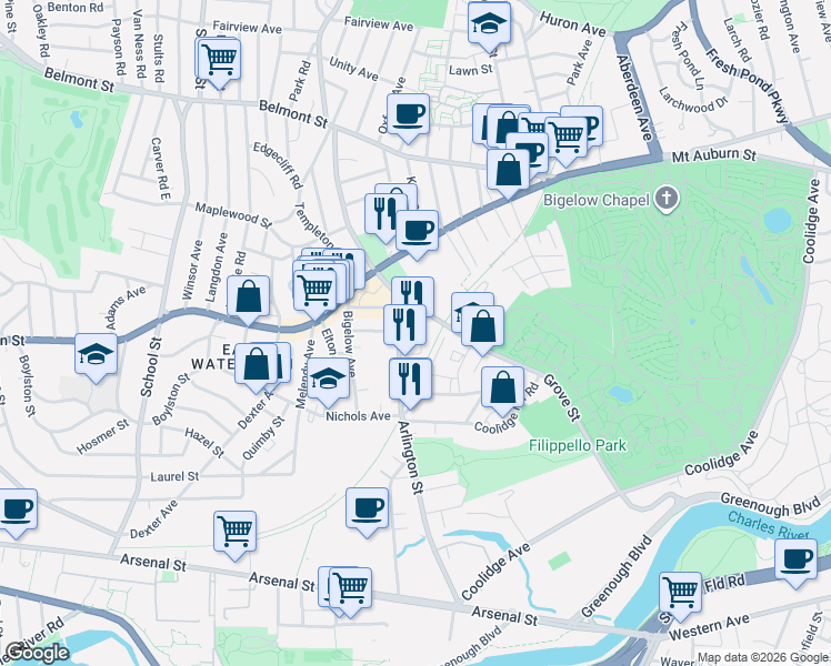 map of restaurants, bars, coffee shops, grocery stores, and more near 19 Calvin Road in Watertown