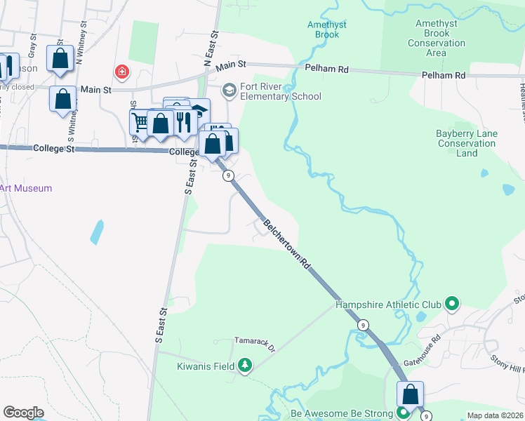 map of restaurants, bars, coffee shops, grocery stores, and more near 104 Belchertown Road in Amherst