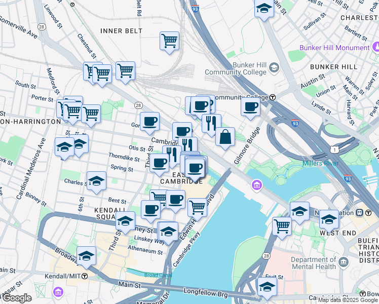 map of restaurants, bars, coffee shops, grocery stores, and more near First Street in Cambridge