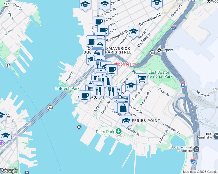 map of restaurants, bars, coffee shops, grocery stores, and more near 82 Bremen Street in Boston