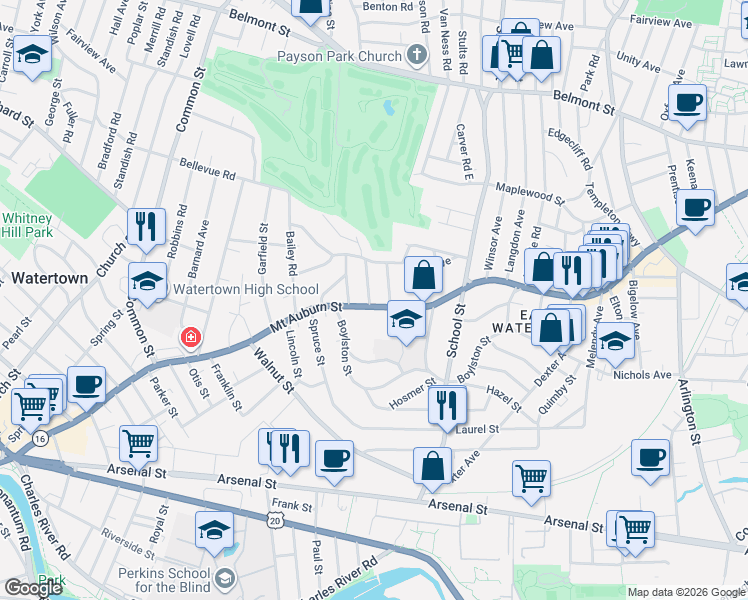 map of restaurants, bars, coffee shops, grocery stores, and more near 11 Oakley Road in Watertown