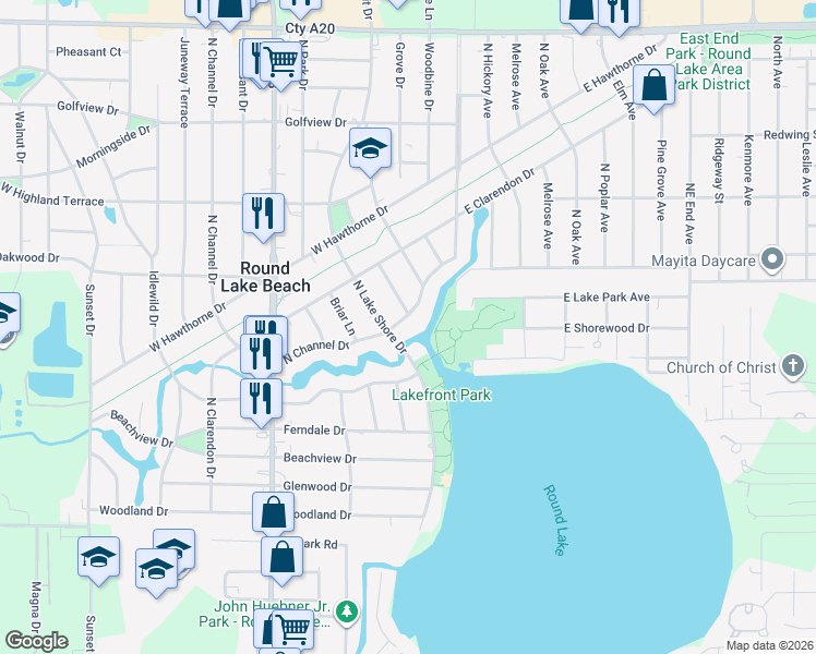 map of restaurants, bars, coffee shops, grocery stores, and more near 33 North Channel Drive in Round Lake Beach