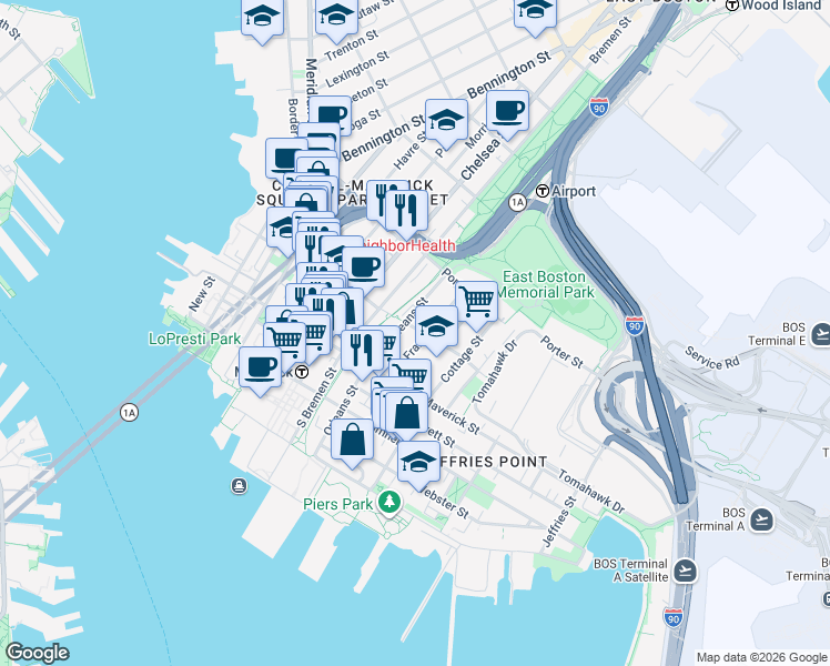 map of restaurants, bars, coffee shops, grocery stores, and more near 150 Orleans Street in Boston