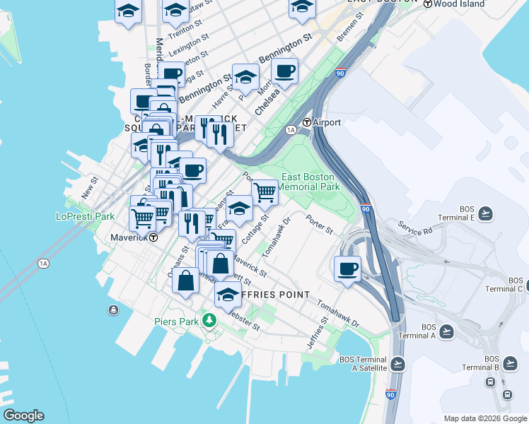map of restaurants, bars, coffee shops, grocery stores, and more near 194 Cottage Street in Boston