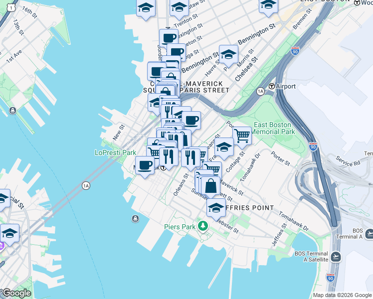map of restaurants, bars, coffee shops, grocery stores, and more near 82 Bremen Street in Boston