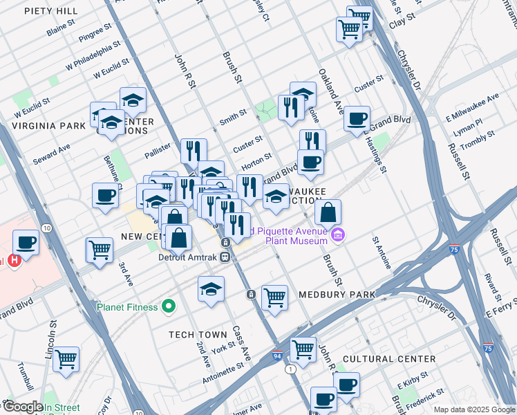 map of restaurants, bars, coffee shops, grocery stores, and more near 117 East Milwaukee Avenue in Detroit
