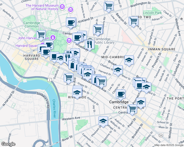 map of restaurants, bars, coffee shops, grocery stores, and more near 11H Dana Place in Cambridge