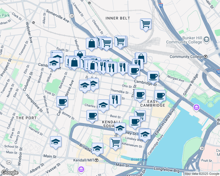 map of restaurants, bars, coffee shops, grocery stores, and more near 79 5th Street in Cambridge