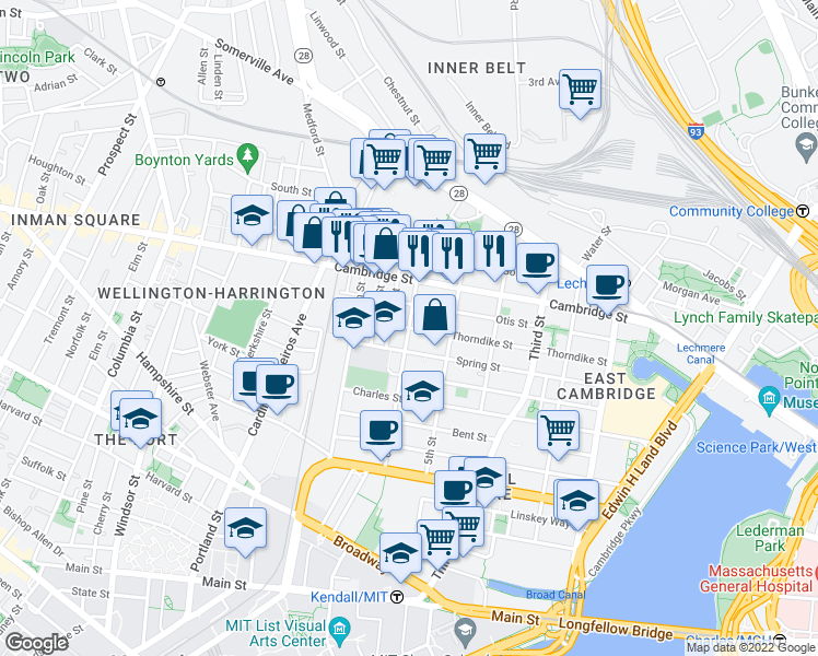 map of restaurants, bars, coffee shops, grocery stores, and more near Thorndike Street & 6th Street in Cambridge