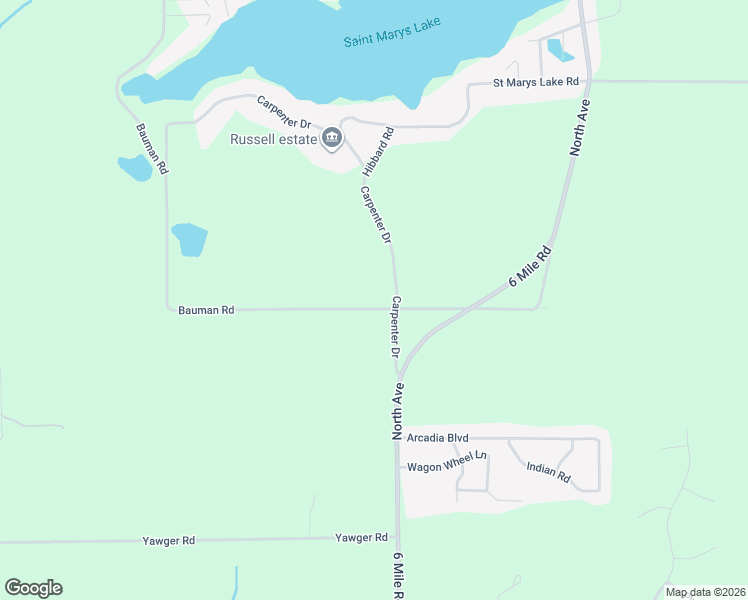 map of restaurants, bars, coffee shops, grocery stores, and more near 5987 Bauman Road in Battle Creek