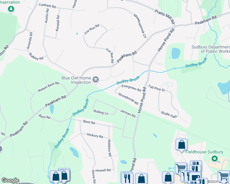 map of restaurants, bars, coffee shops, grocery stores, and more near 80 Evergreen Road in Sudbury