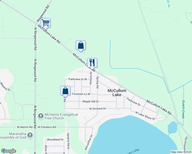 map of restaurants, bars, coffee shops, grocery stores, and more near 3007 Spring Road in McCullom Lake