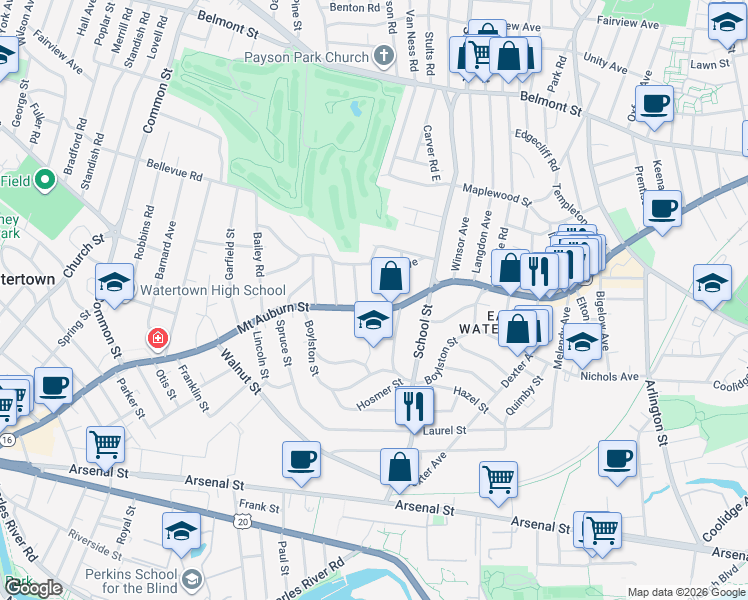 map of restaurants, bars, coffee shops, grocery stores, and more near 18 Adams Avenue in Watertown