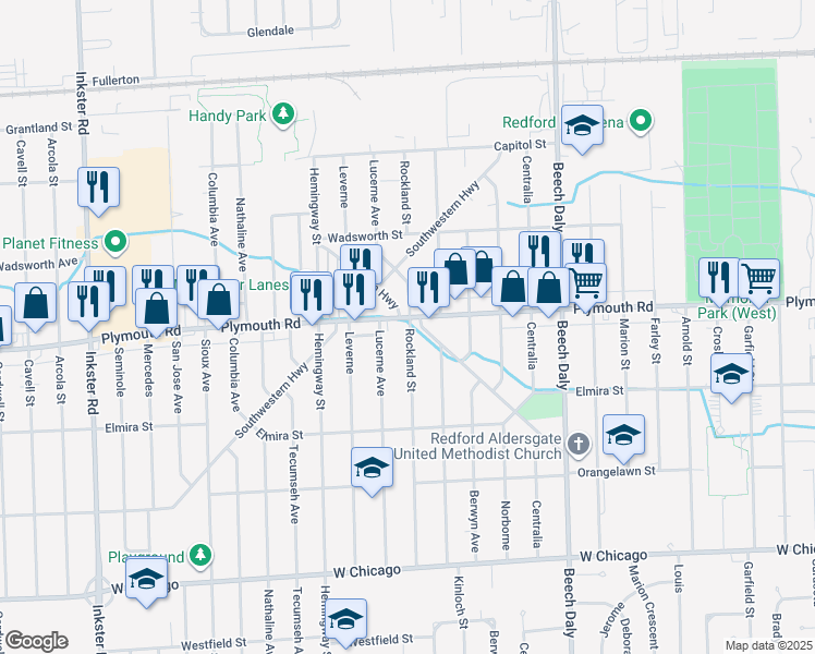 map of restaurants, bars, coffee shops, grocery stores, and more near 11489 Rockland Street in Wayne County