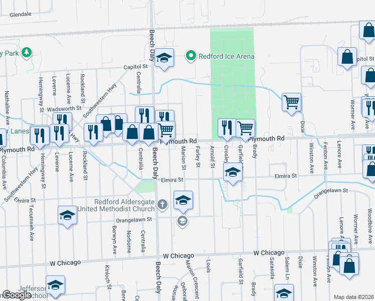 map of restaurants, bars, coffee shops, grocery stores, and more near 25547 Plymouth Road in Redford Charter Township