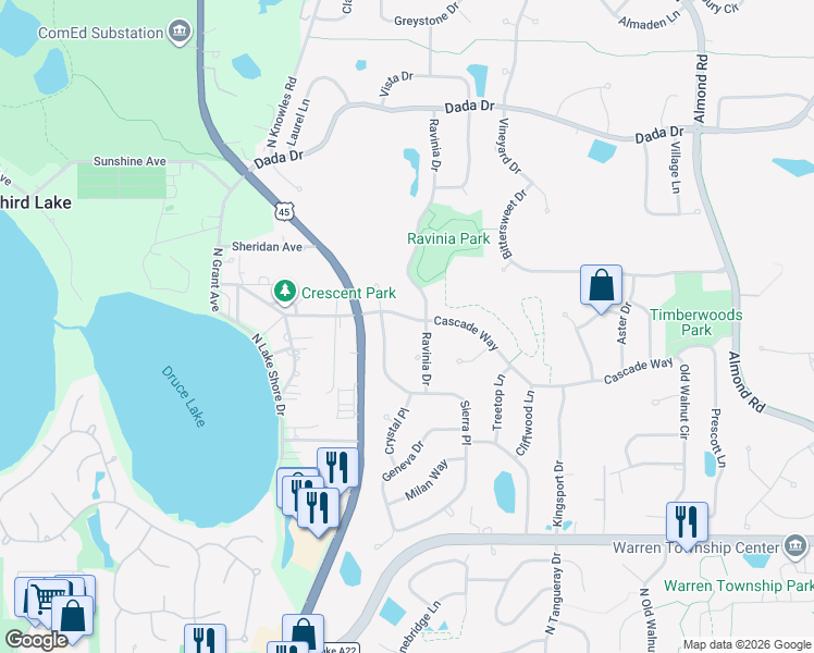 map of restaurants, bars, coffee shops, grocery stores, and more near 7793 Cascade Way in Gurnee