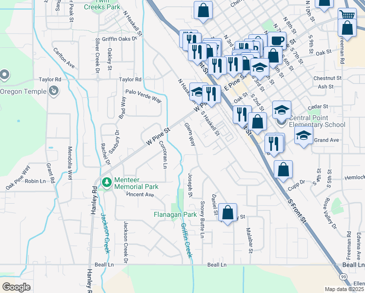 map of restaurants, bars, coffee shops, grocery stores, and more near 345 West Pine Street in Central Point