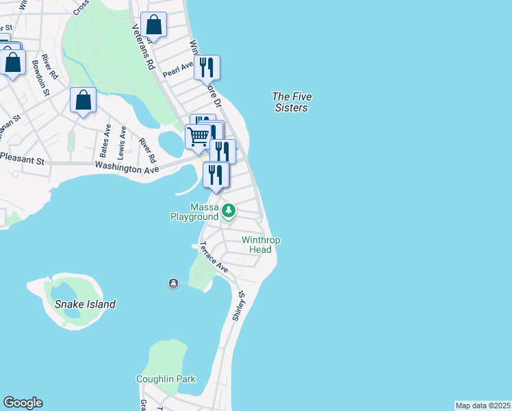 map of restaurants, bars, coffee shops, grocery stores, and more near 14 Winthrop Shore Drive in Winthrop